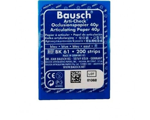 Окклюзионная бумага Arti-Check BK 61, синяя, 40 мк, пластиковый бокс 200 полосок, Bausch